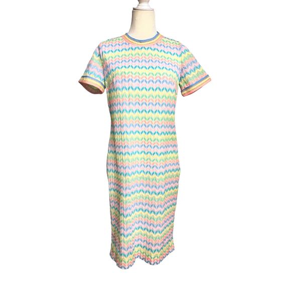 Vintage 60s Chevron Knee Length Dress Rainbow Mod Blogger Shift M L - Picture 1 of 5